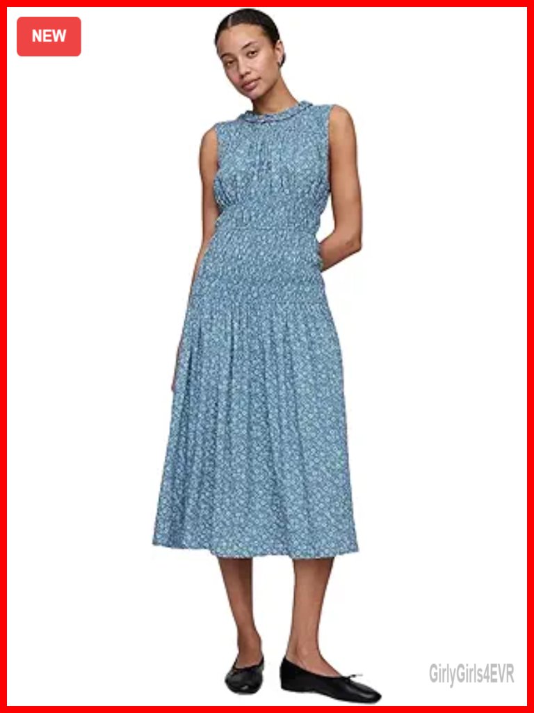 Smocked Bodice Midi Dress With Short Sleeves